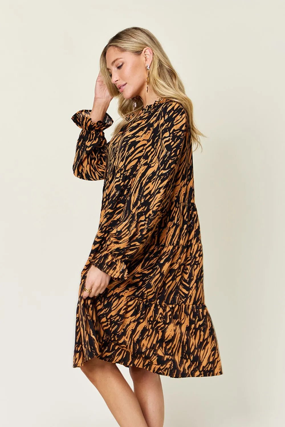 Double Take Full Size Printed Ruffle Hem Long Sleeve Dress - adritiX