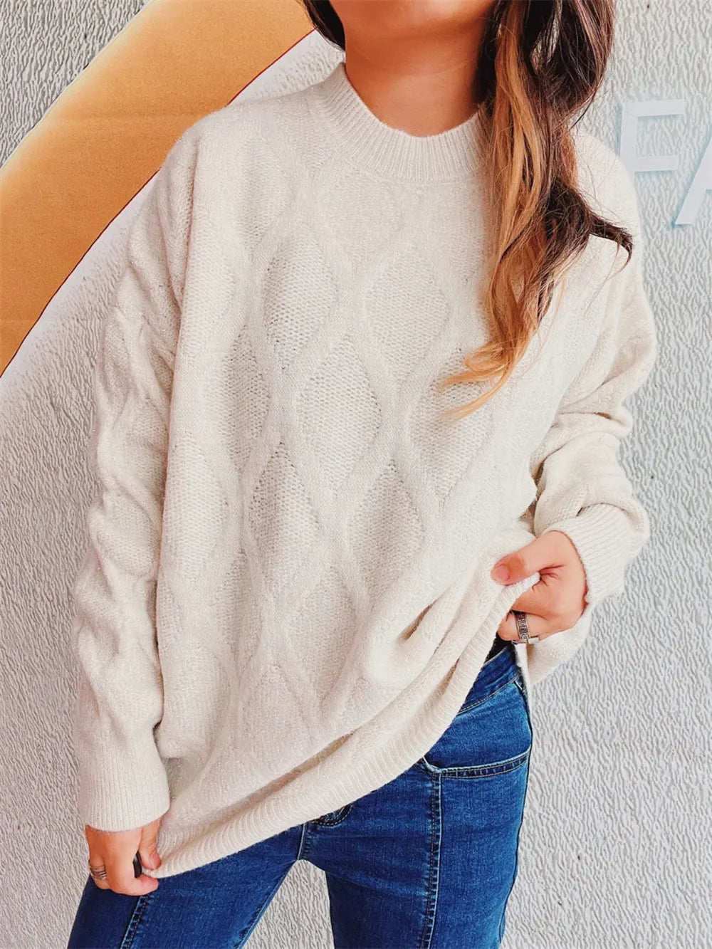 Diamond Round Neck Long Sleeve Sweater - adritiX