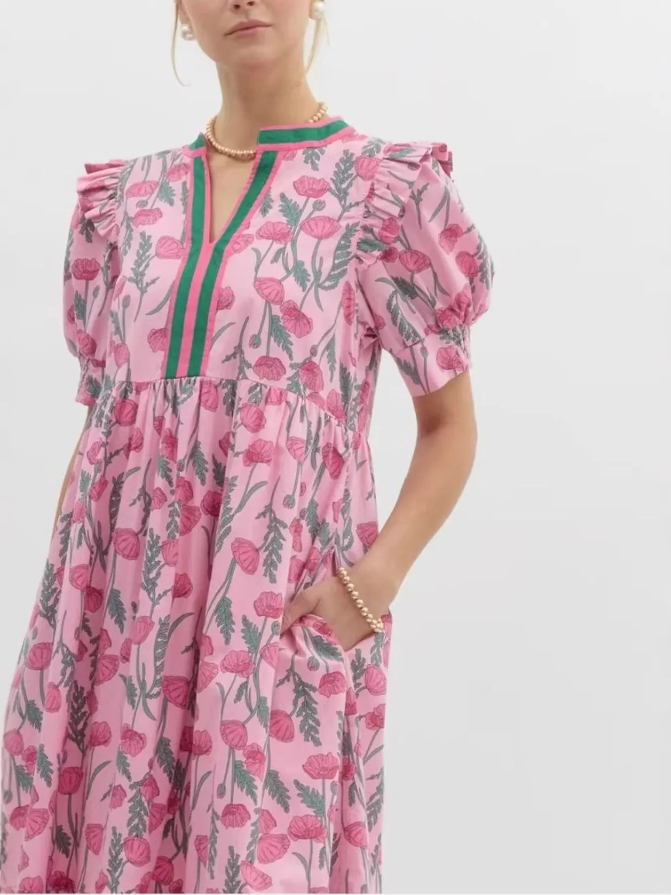 Elegant Floral Puff Sleeve Midi Dress with Contrast Trim - adritiX