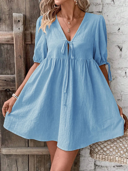 V-Neck Tie-Front Mini Dress with Puff Sleeves - adritiX