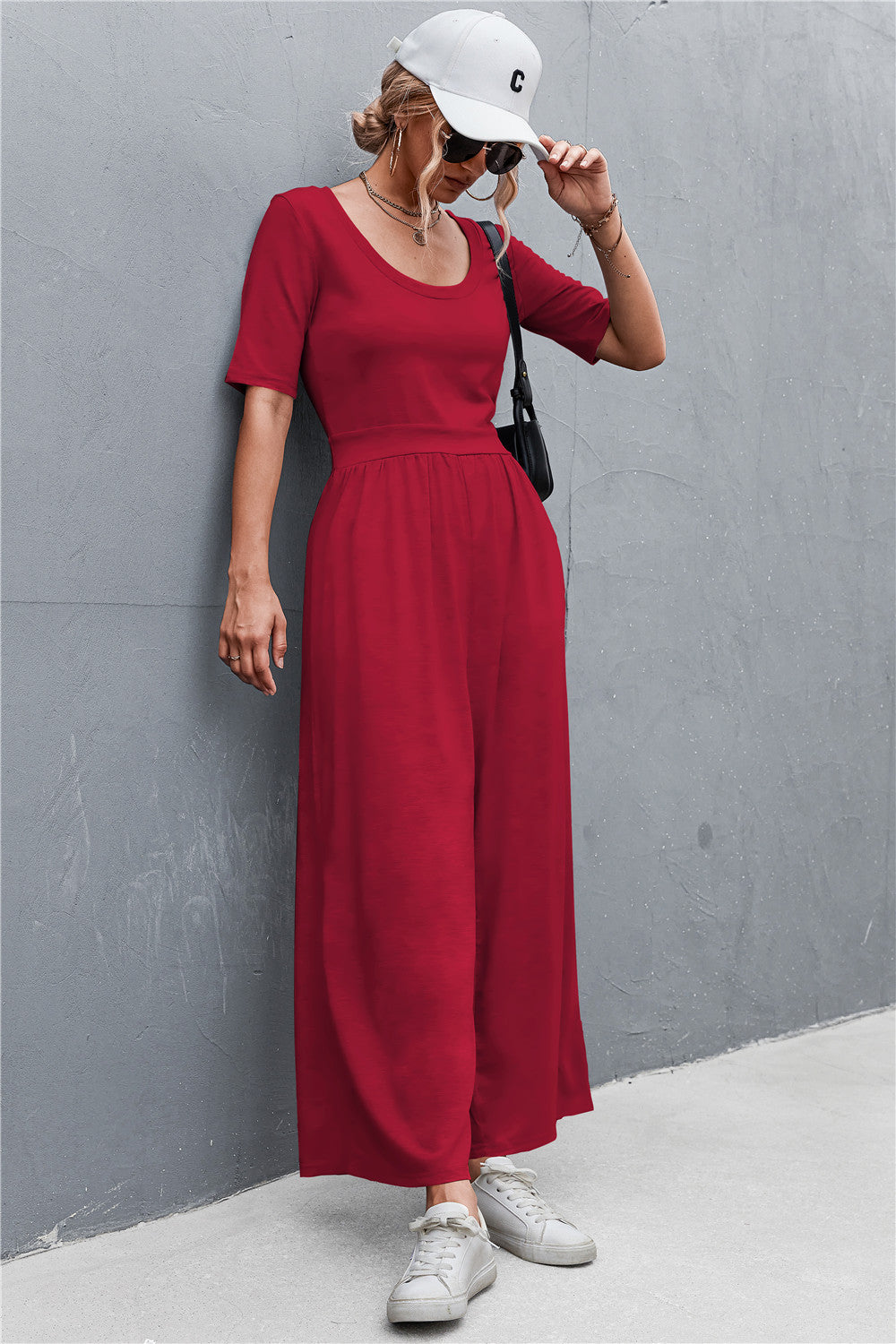 Elegant Scoop Neck Half Sleeve Wide Leg Jumpsuit - adritiX
