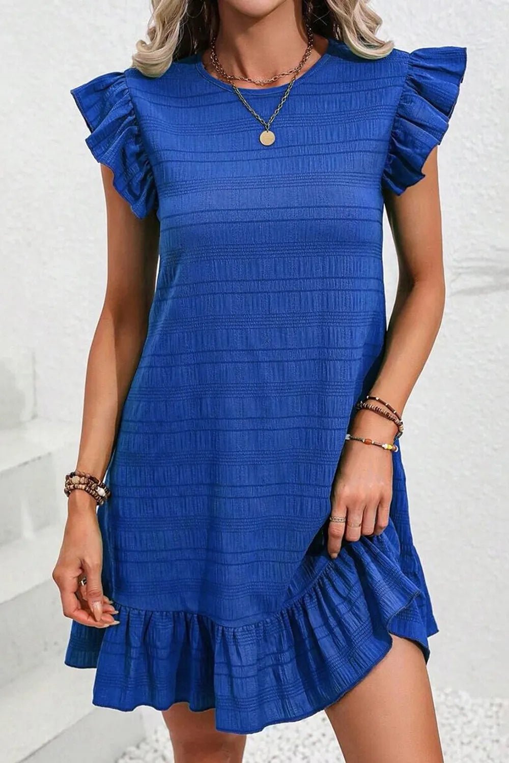 Ruffled Round Neck Cap Sleeve Dress - adritiX