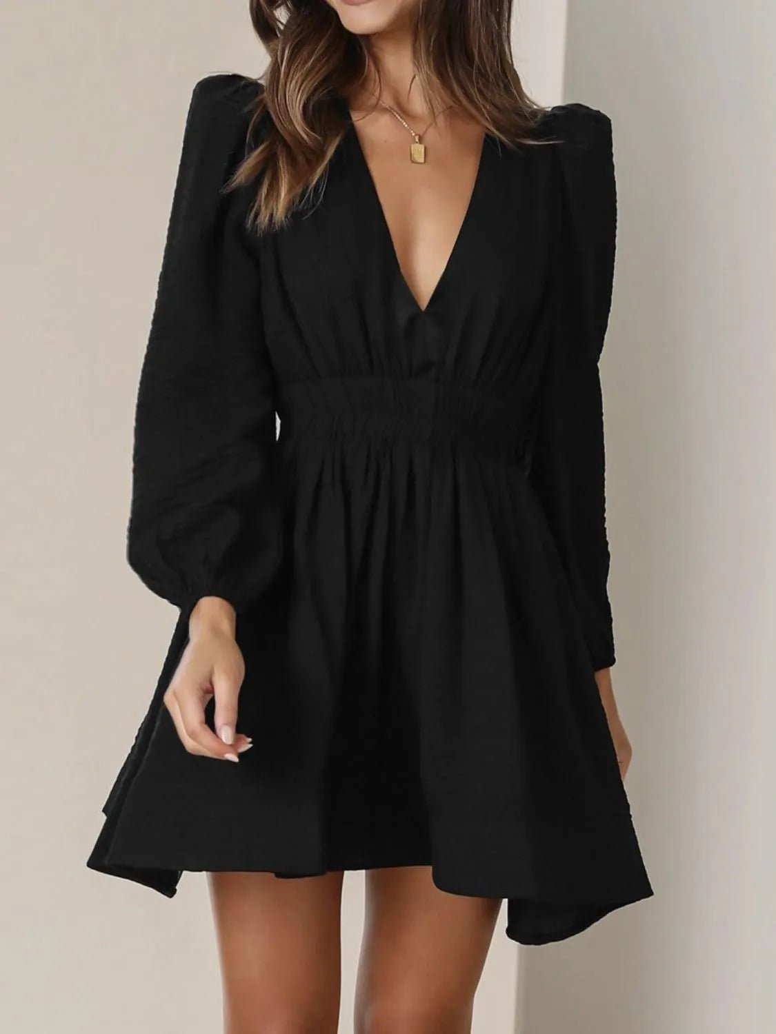 Ruched V-Neck Balloon Sleeve Mini Dress - adritiX