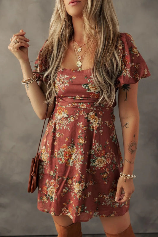 Floral Puff Sleeve Square Neck Knot Open Back Mini Dress - adritiX