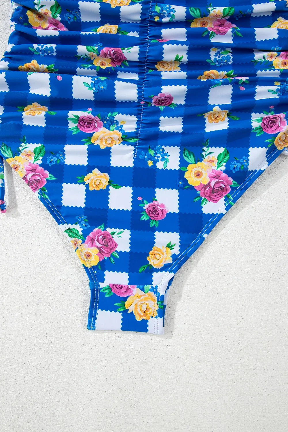 Floral Gingham Halter Neck Drawstring One Piece Swimwear - adritiX
