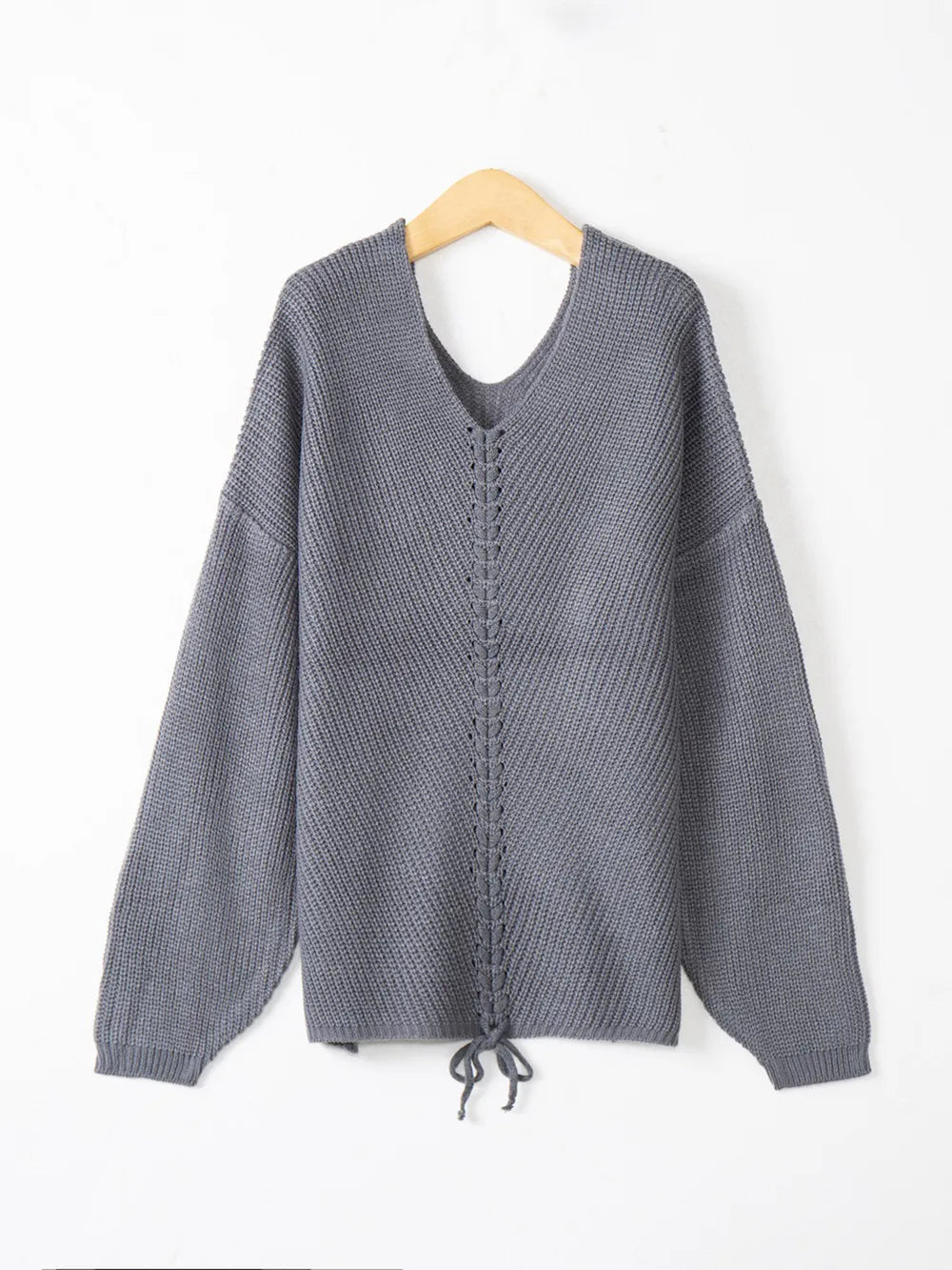 Full Size Lace Up V-Neck Long Sleeve Sweater - adritiX