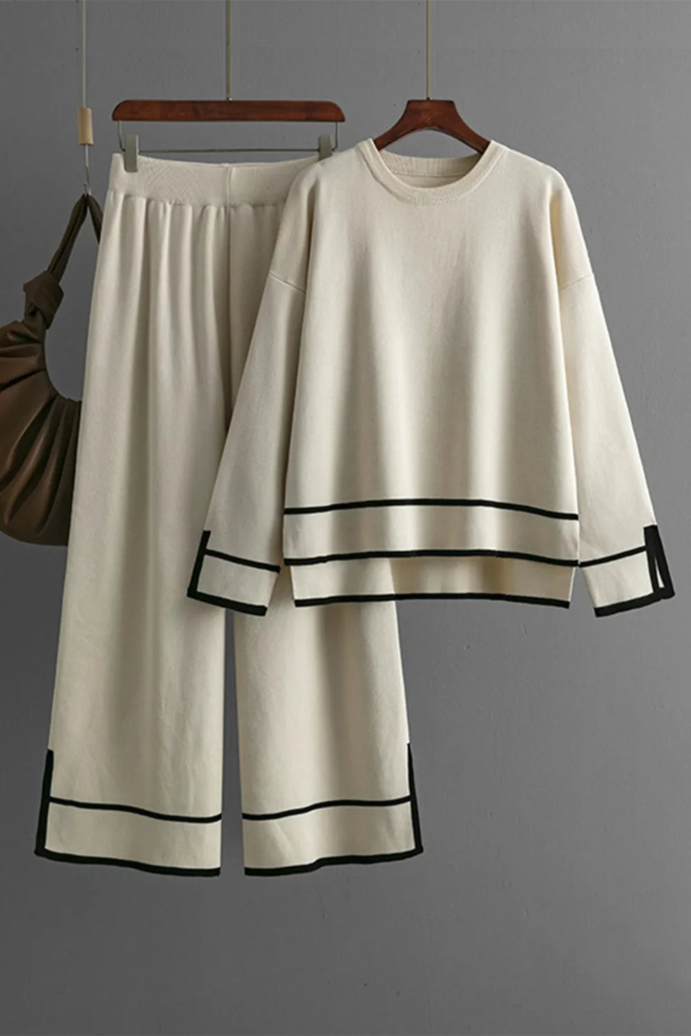 Elegant High-Low Round Neck Top and Pants Sweater Set - adritiX