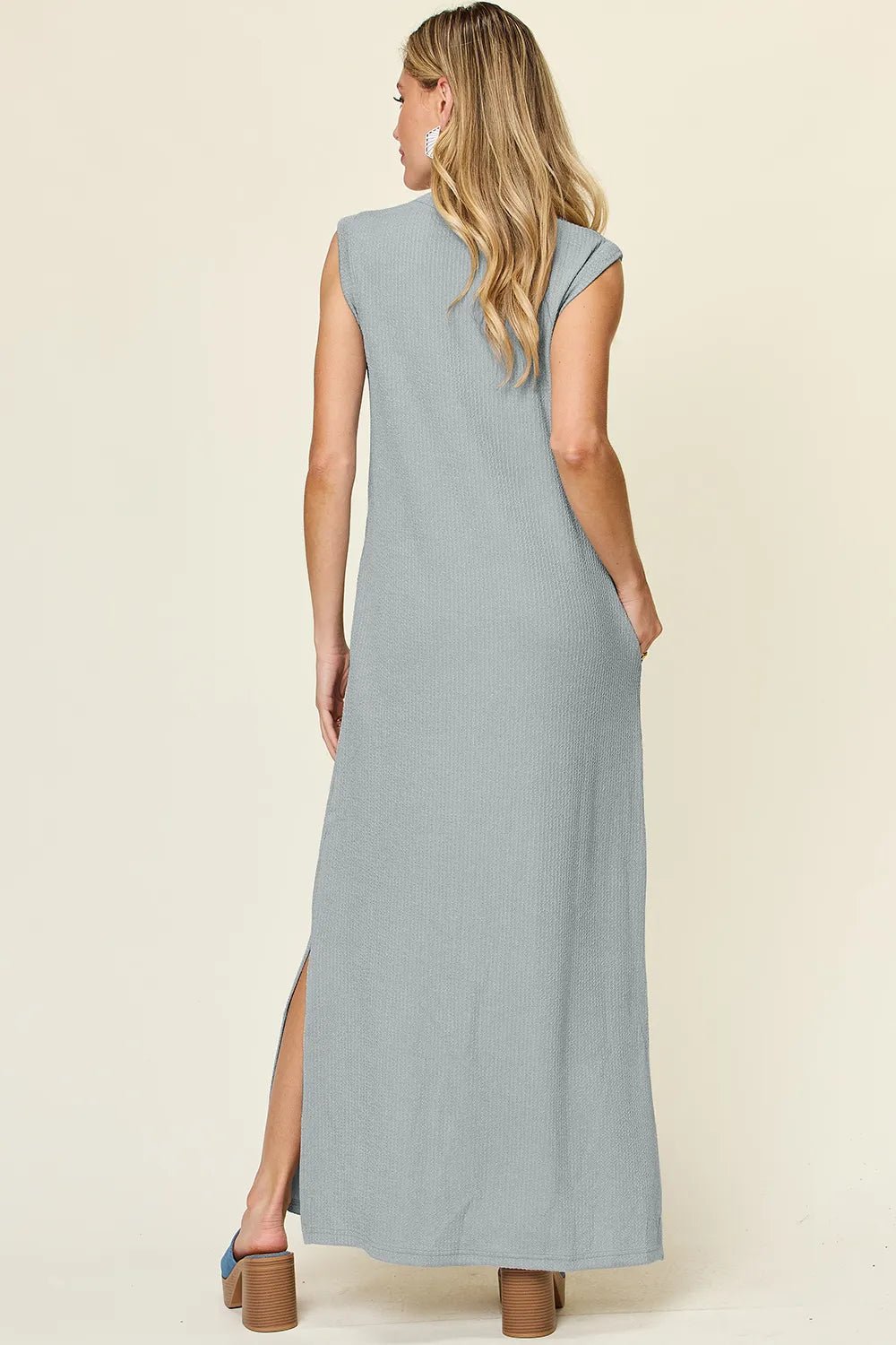 Double Take Full Size Texture Mock Neck Sleeveless Maxi Dress - adritiX