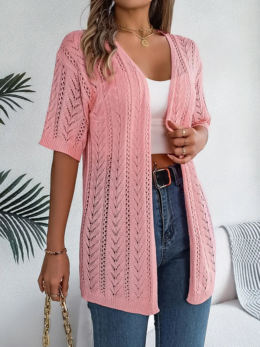 Openwork Open Front Half Sleeve Cardigan - adritiX