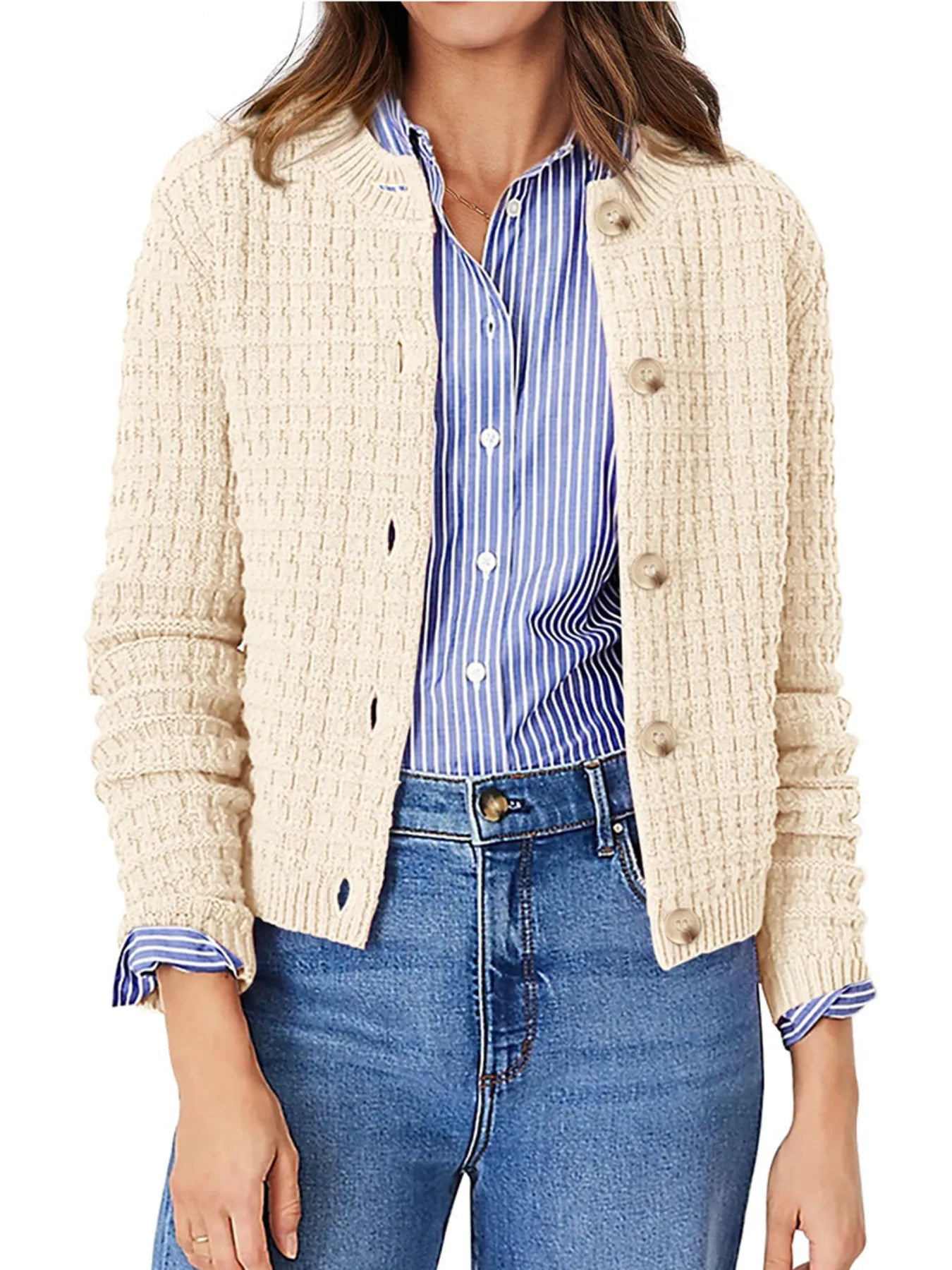 Elegant Textured Knit Button-Front Cardigan - adritiX