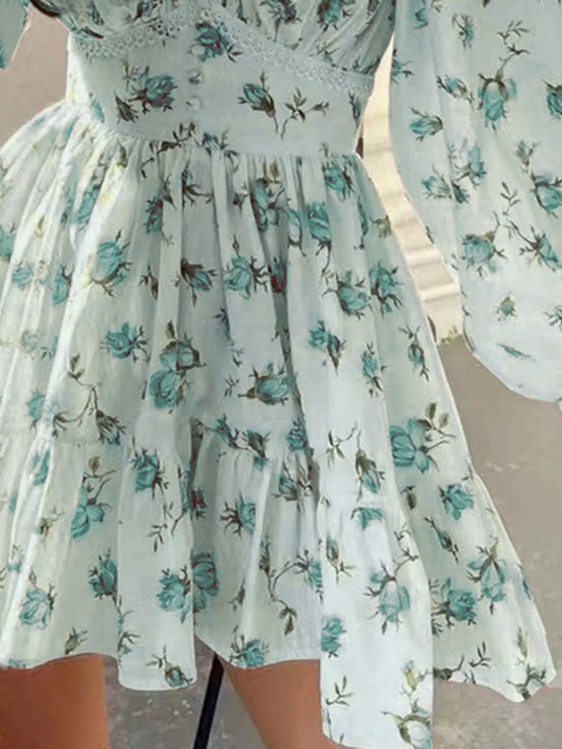 Lace Detail V-Neck Balloon Sleeve Dress - adritiX