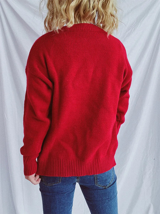 Contrast Star Round Neck Long Sleeve Sweater - adritiX