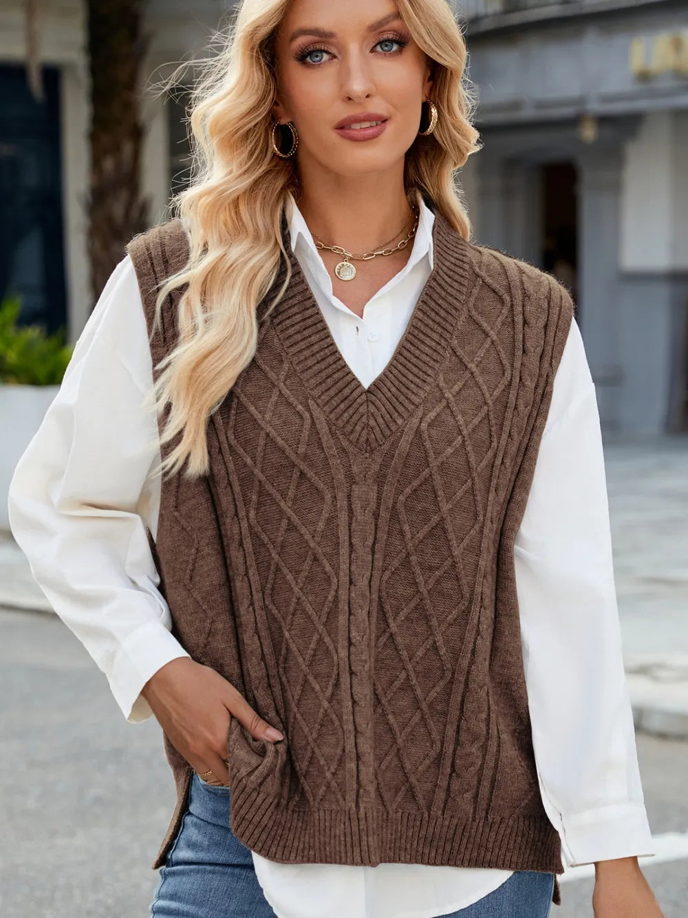 Cable Knit V-Neck Sweater Vest - adritiX