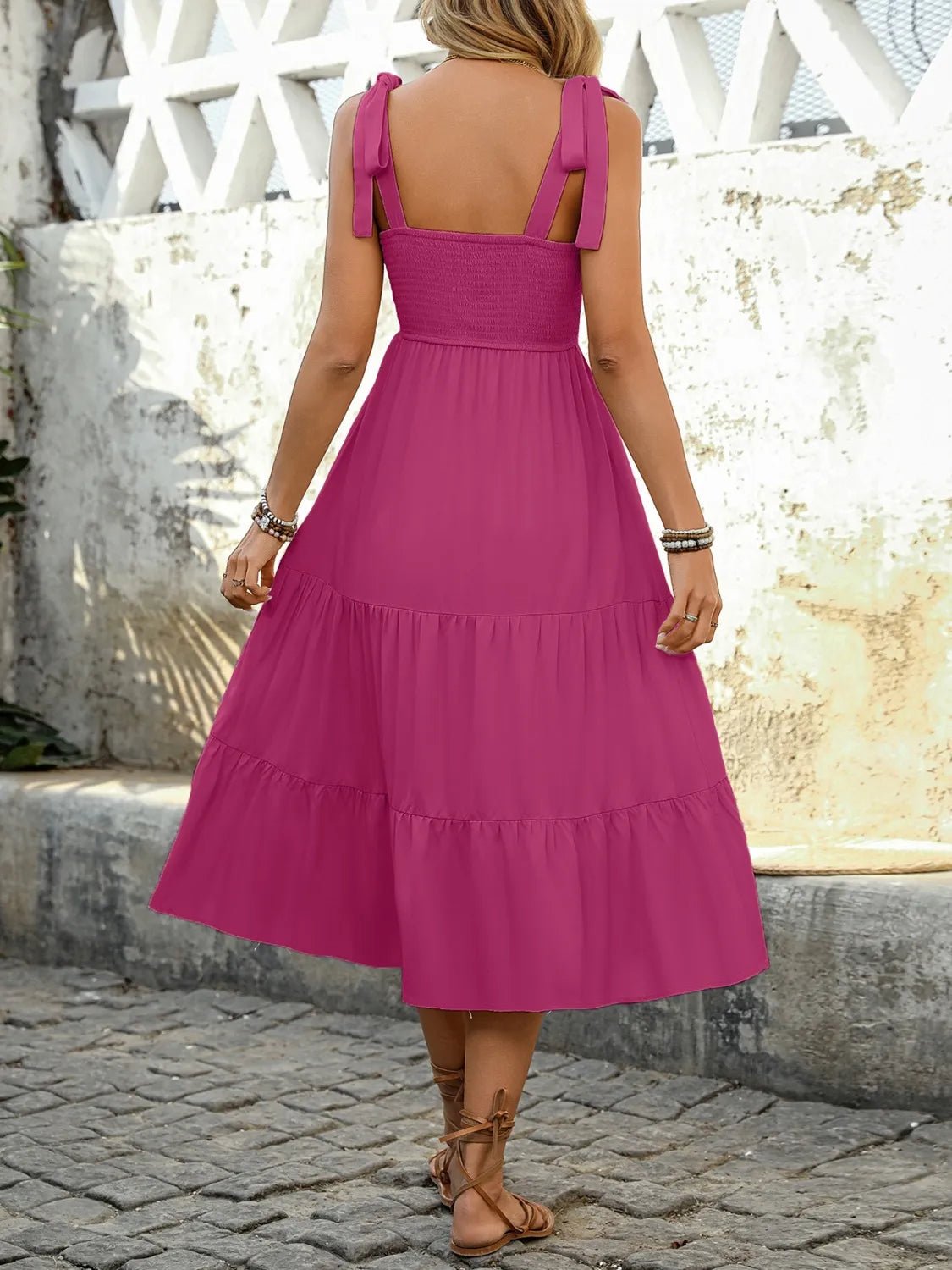 Tie Shoulder Tiered Midi Dress - adritiX