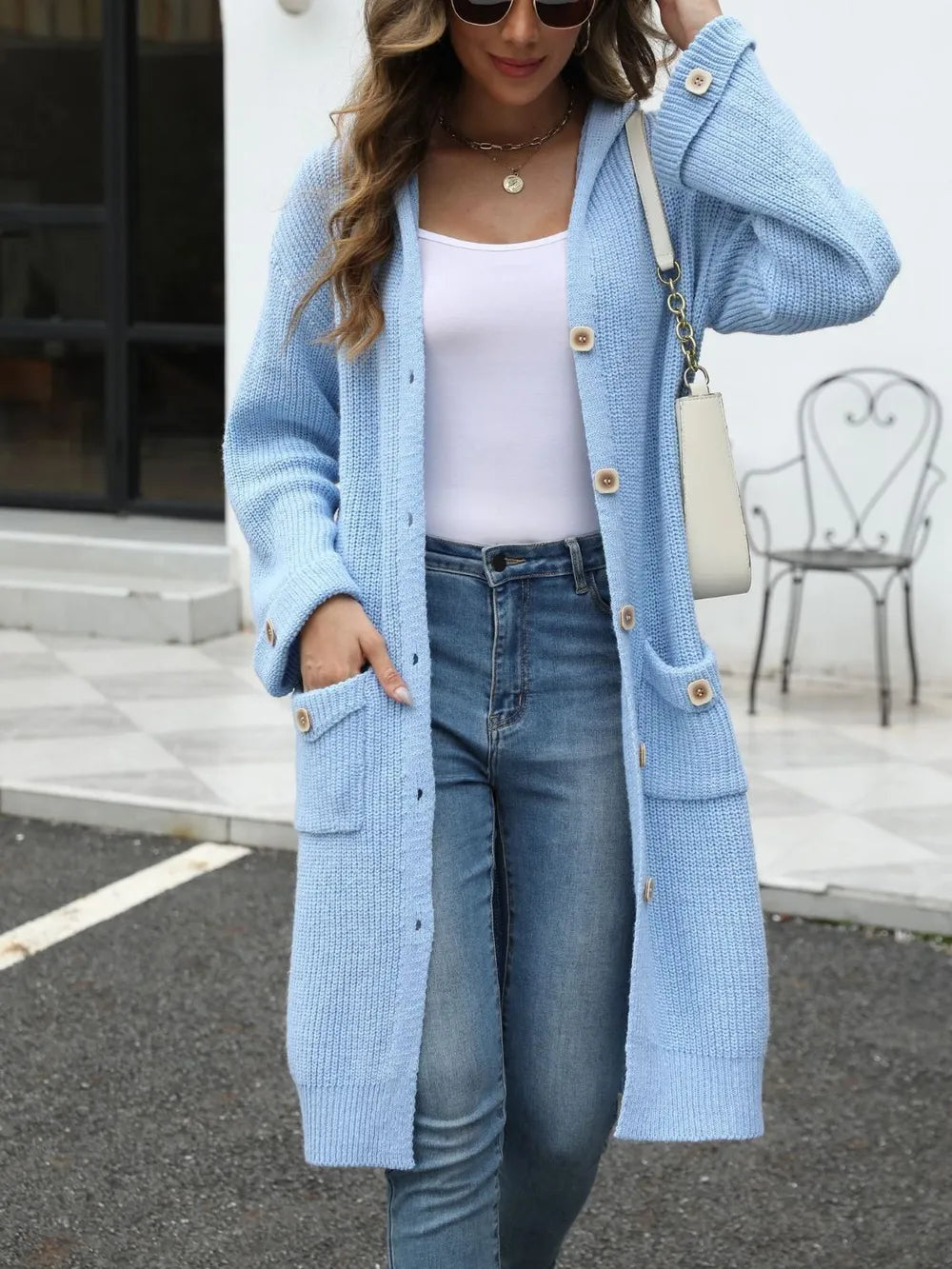 Pocketed Button Up Long Sleeve Hooded Cardigan - adritiX