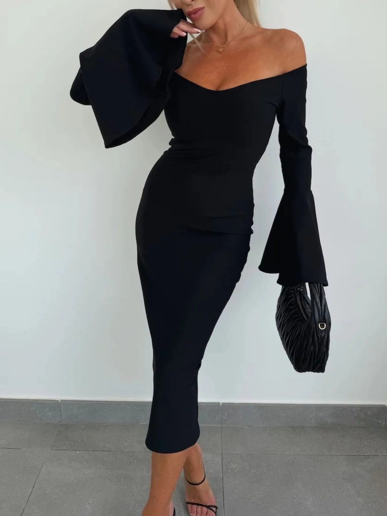 Off Shoulder Bell Sleeve Bodycon Midi Dress - adritiX