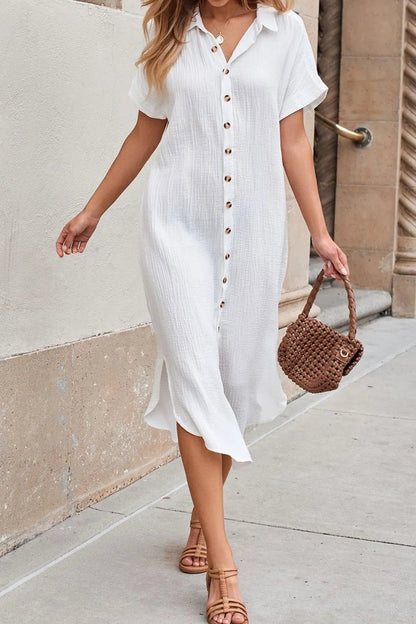 Button Down Short Sleeve Midi Shirt Dress - adritiX