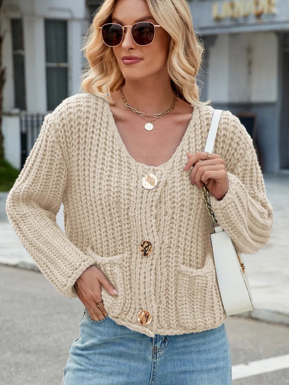 Round Neck Button Up Cardigan with Pockets - adritiX
