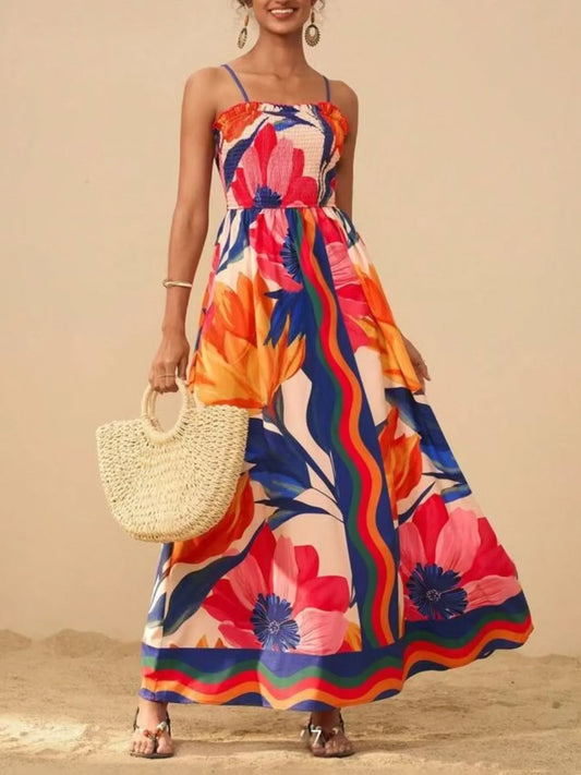 Elegant Smocked Printed Spaghetti Strap Maxi Summer Dress - adritiX