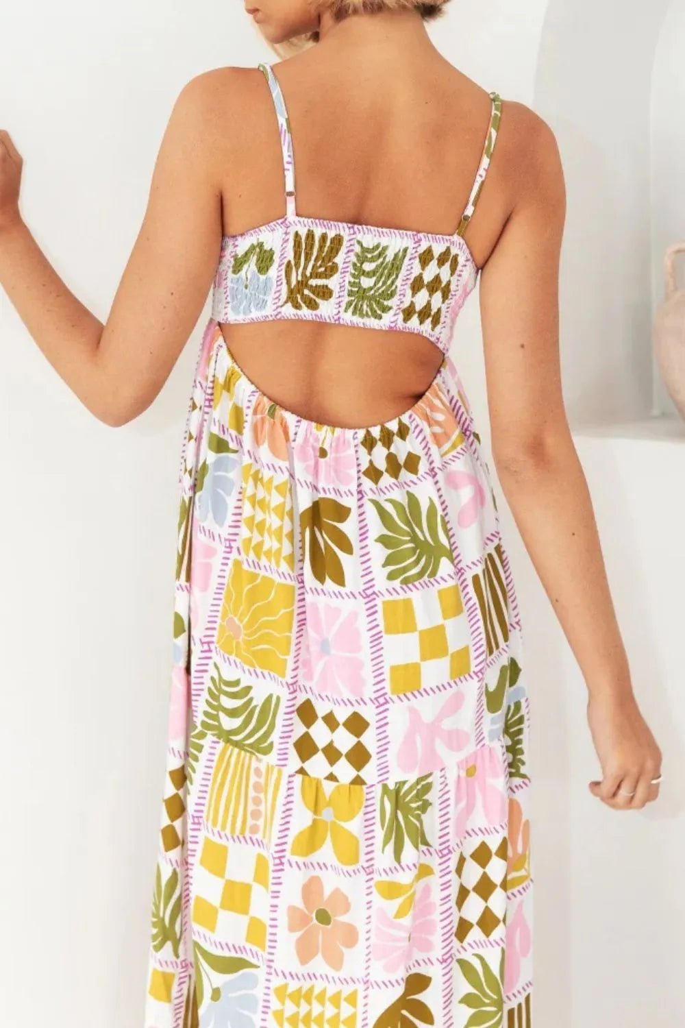 Cutout Back Printed Square Neck Maxi Cami Dress - adritiX