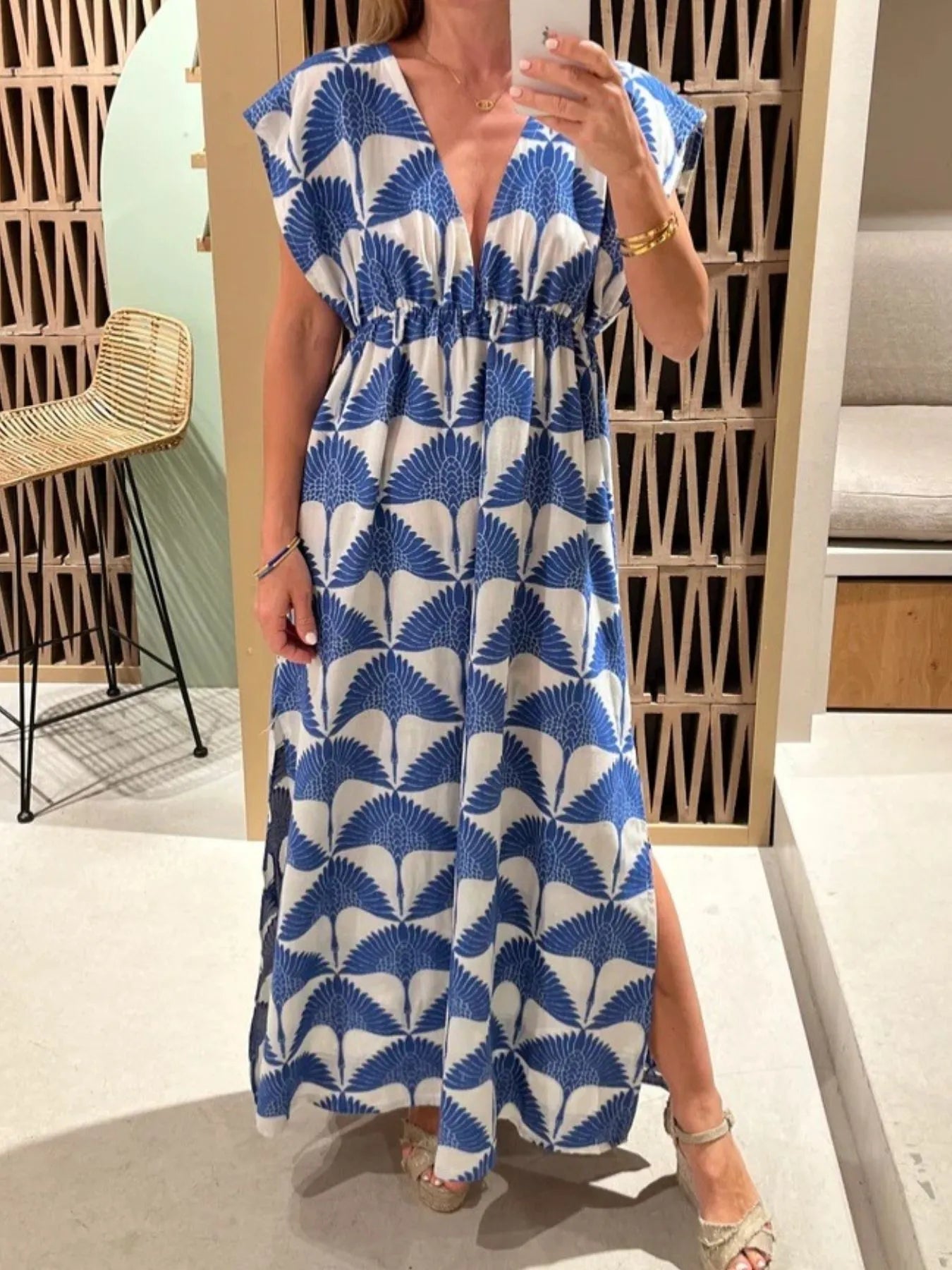 Elegant Slit Printed V-Neck Cap Sleeve Maxi Dress - adritiX