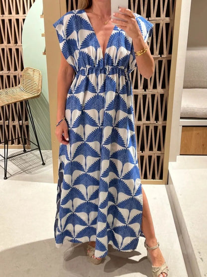 Elegant Slit Printed V-Neck Cap Sleeve Maxi Dress - adritiX