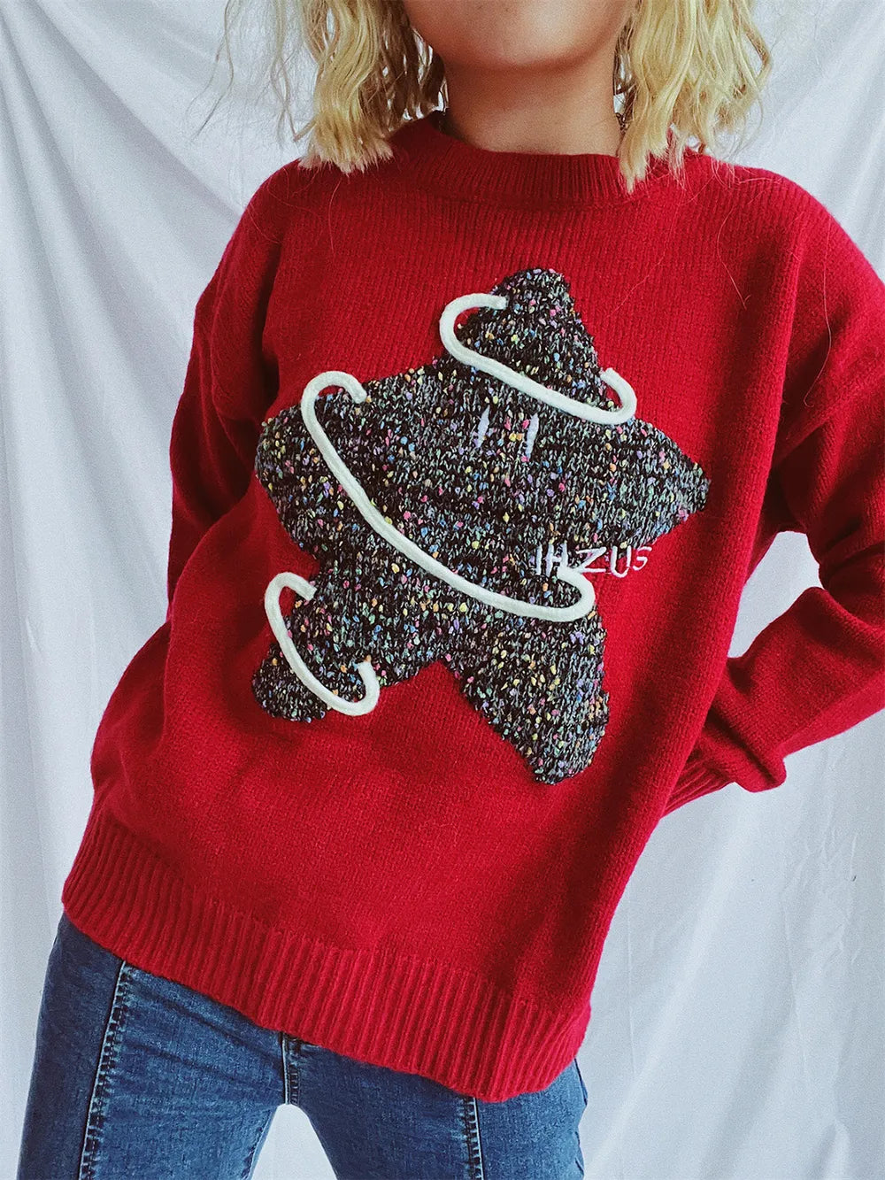 Contrast Star Round Neck Long Sleeve Sweater - adritiX