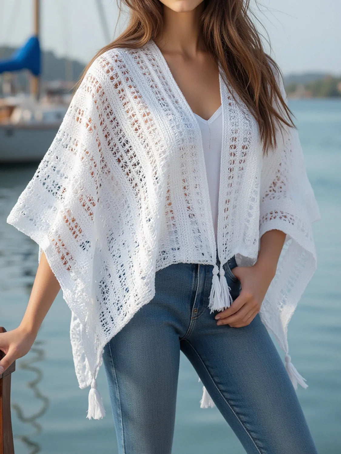 Elegant Openwork Tassel Open Front Knit Cover Up - adritiX