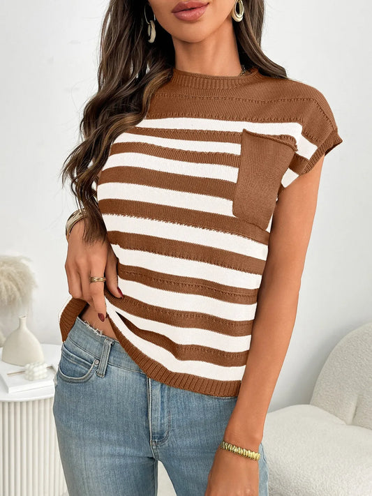 Striped Mock Neck Cap Sleeve Knit Top - adritiX