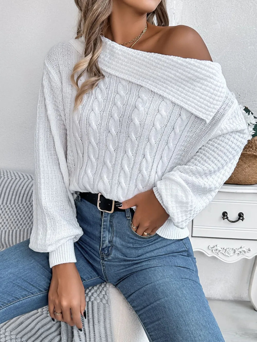 Cable-Knit One Shoulder Long Sleeve Sweater - adritiX