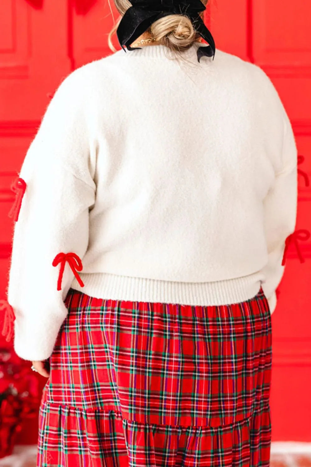 Bow Trim Round Neck Long Sleeve Sweater - adritiX