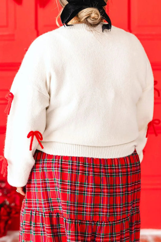Bow Trim Round Neck Long Sleeve Sweater - adritiX