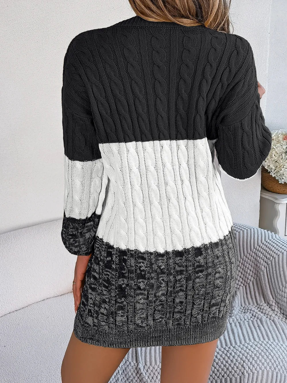Cable-Knit Round Neck Color Block Sweater Dress - adritiX