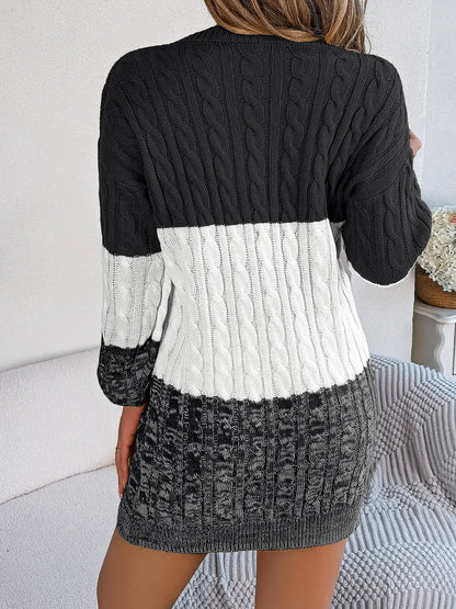 Cable-Knit Round Neck Color Block Sweater Dress - adritiX
