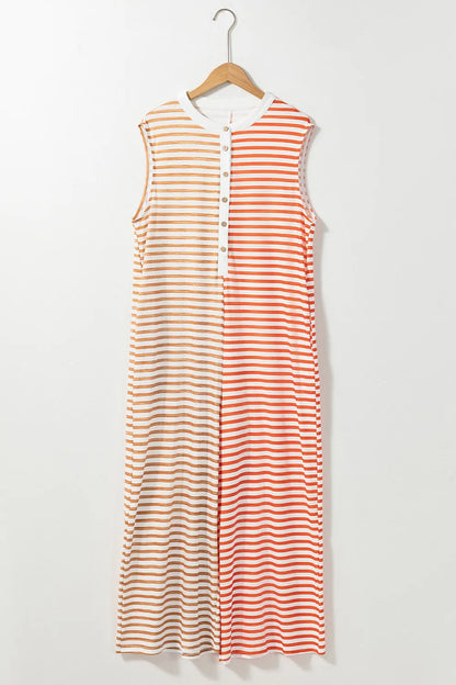 Elegant Striped Round Neck Sleeveless Jumpsuit - adritiX