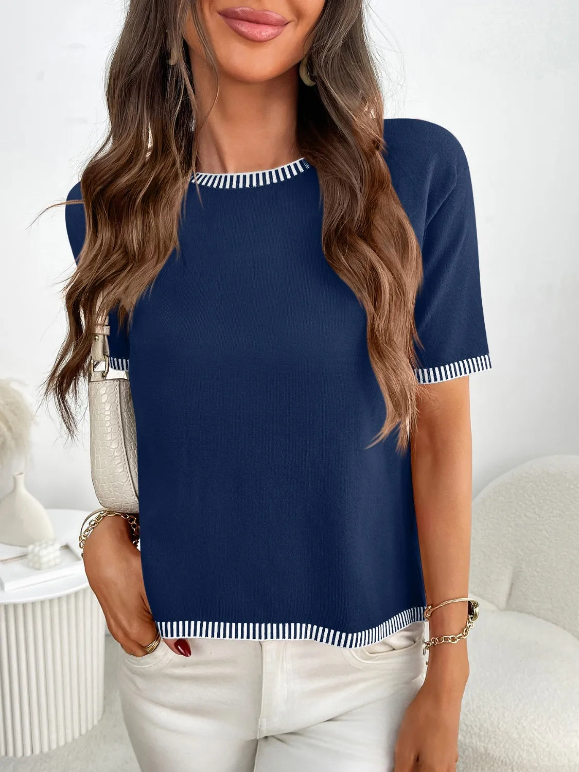Short Sleeve Round Neck Knit Top - adritiX