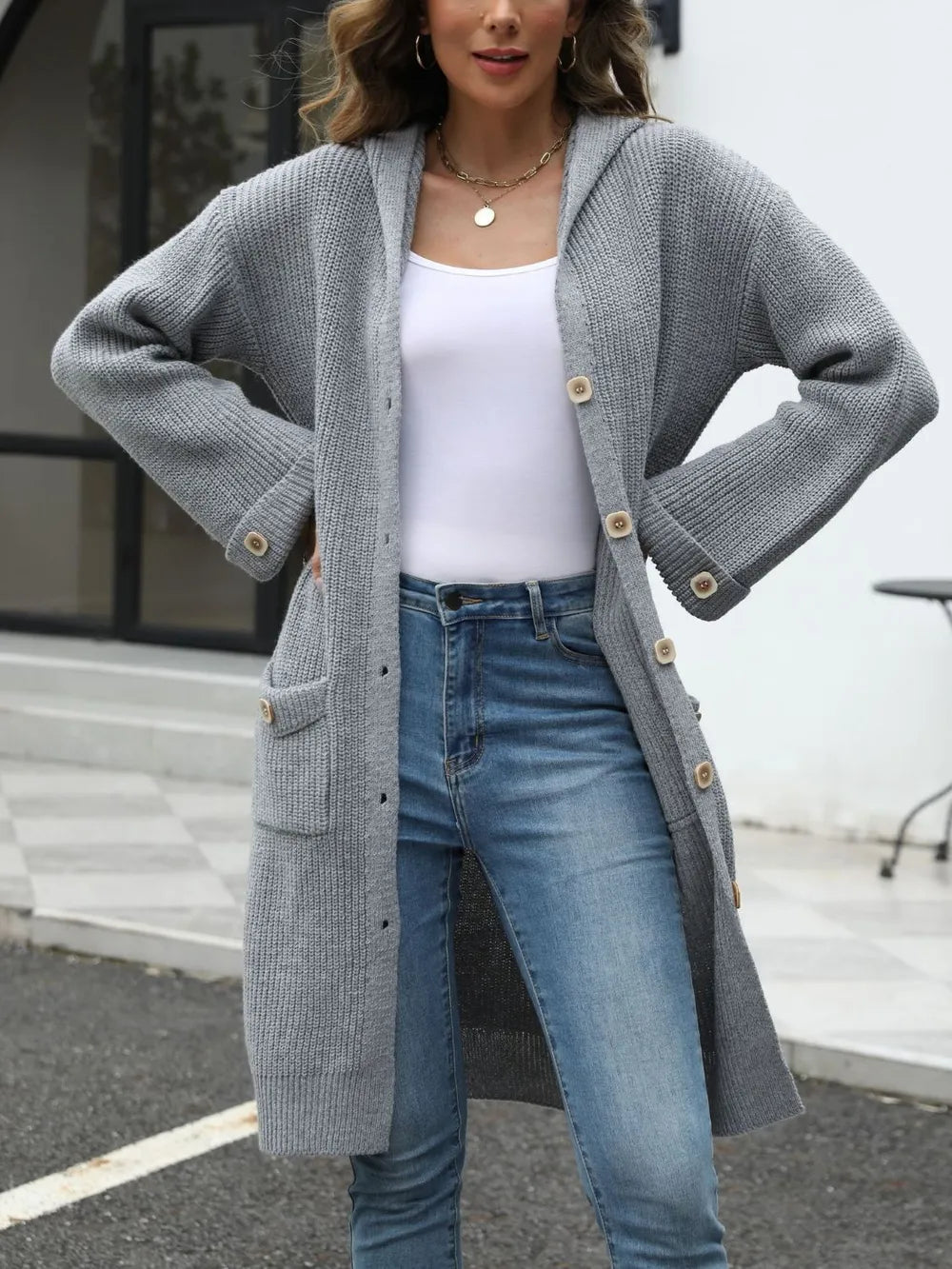 Pocketed Button Up Long Sleeve Hooded Cardigan - adritiX