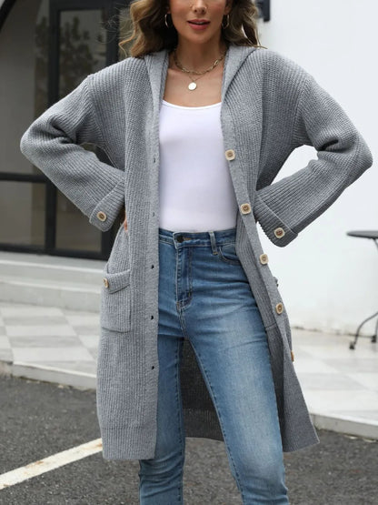 Pocketed Button Up Long Sleeve Hooded Cardigan - adritiX