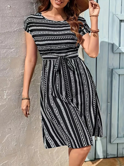 Striped Round Neck Short Sleeve Casual Dress - adritiX