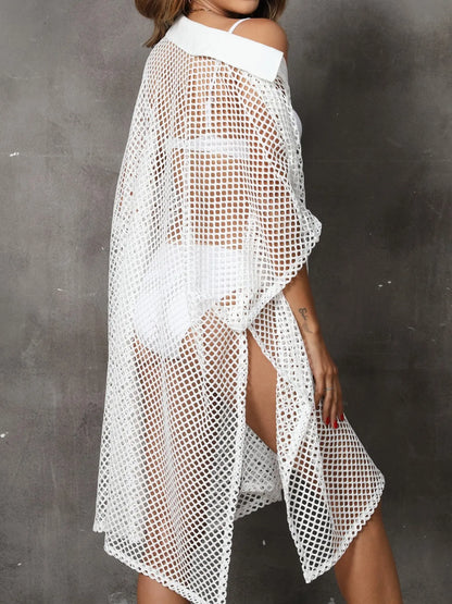 Sheer Mesh Button Up Cover Up - adritiX