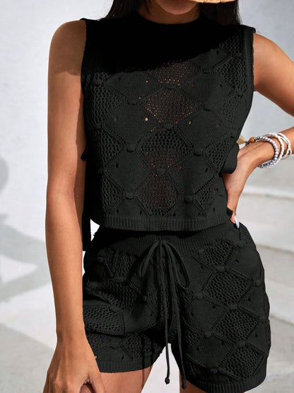 Diamond Pattern Sleeveless Top and Shorts Knit Set - adritiX