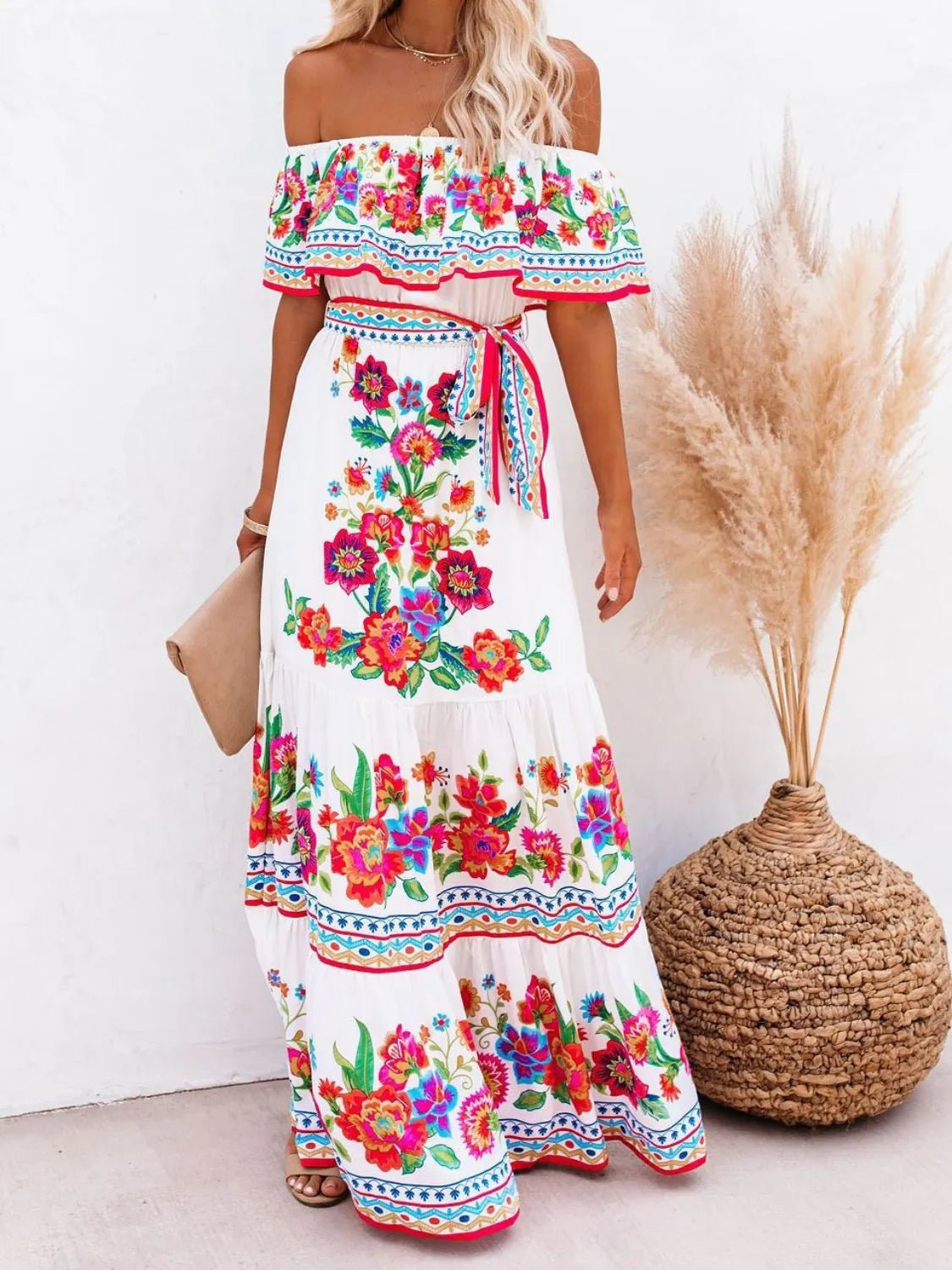 Floral Off Shoulder Ruffle Maxi Dress - adritiX