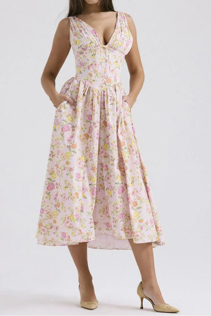 Floral V-Neck Sleeveless Midi Dress with Pockets - adritiX