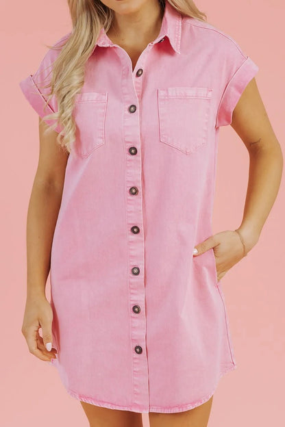 Button Down Short Sleeve Denim Dress - adritiX
