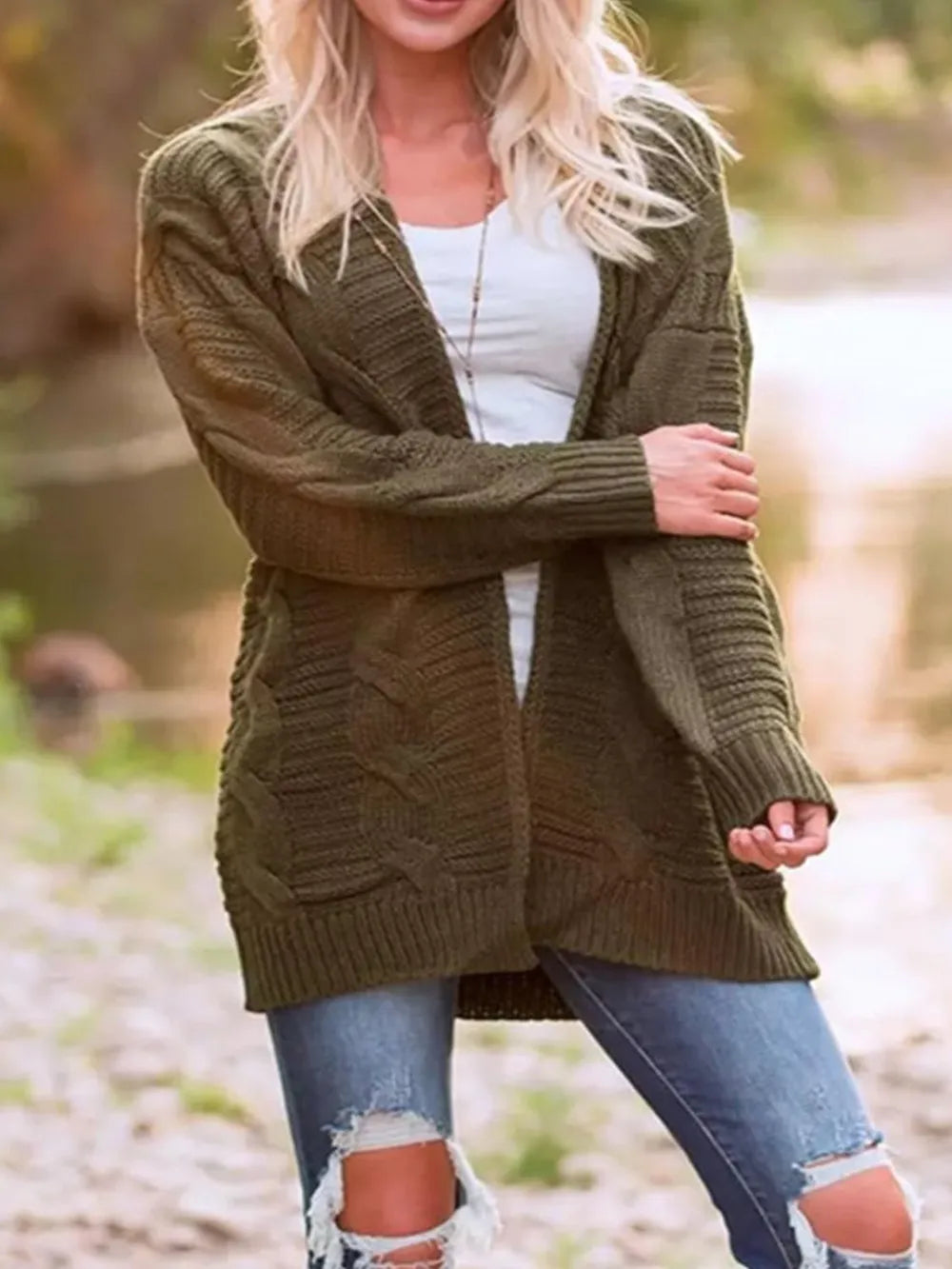 Cable-Knit Open Front Long Sleeve Cardigan - adritiX