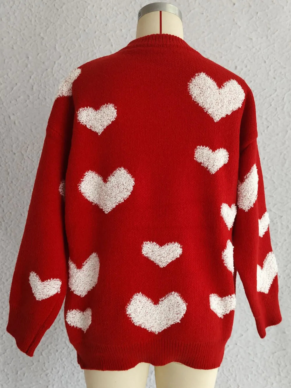 Heart Round Neck Dropped Shoulder Sweater - adritiX