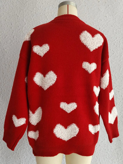 Heart Round Neck Dropped Shoulder Sweater - adritiX