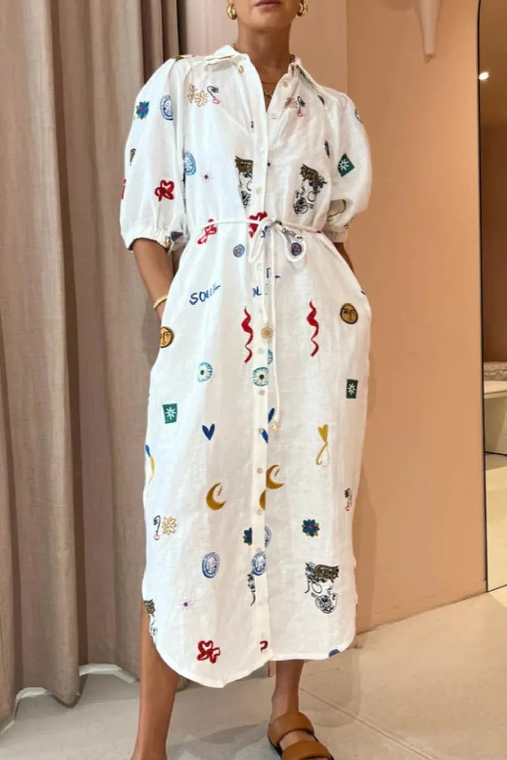 Printed Button-Up Midi Shirt Dress - adritiX