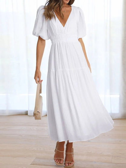 V-Neck Puff Sleeve Midi Dress - adritiX