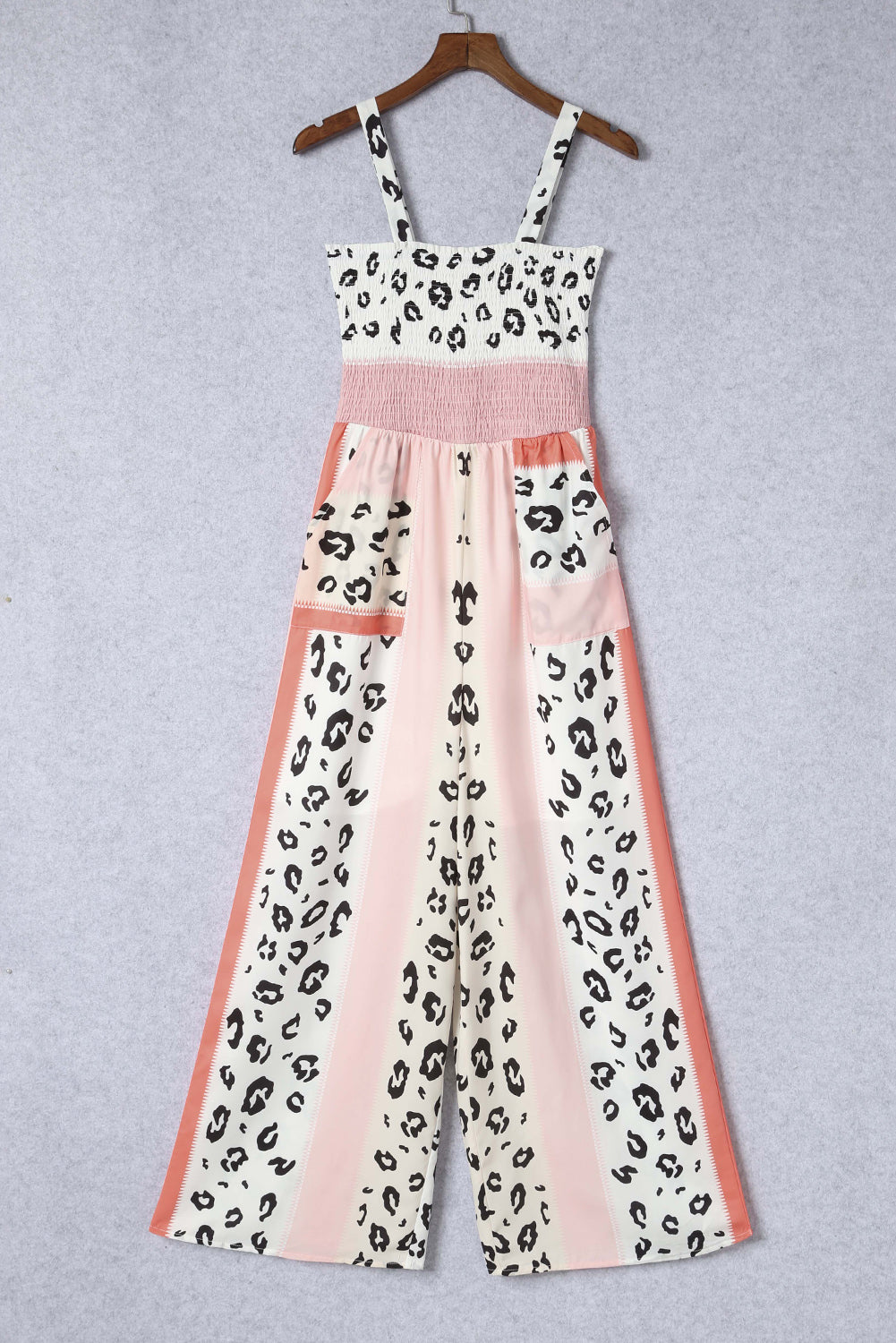 Elegant Leopard Color Block Smocked Jumpsuit - adritiX